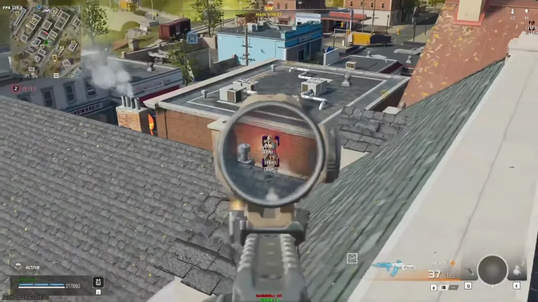 Warzone aimbot box ESP on Main Street rooftop with AR-27 and 23m distance tag