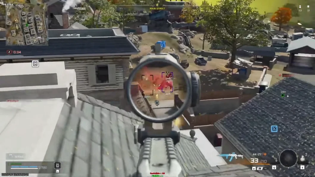Warzone ESP distance markers through scope on Main Street with AK-27 33 rounds