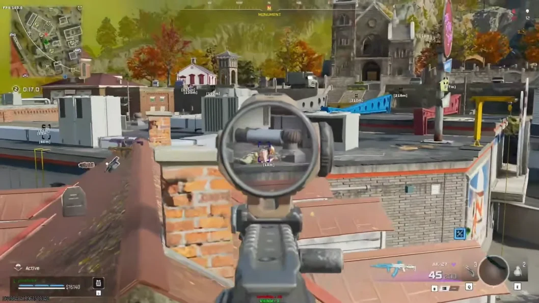 Warzone wallhack box ESP through scope with red hitmarker on Main Street 24m