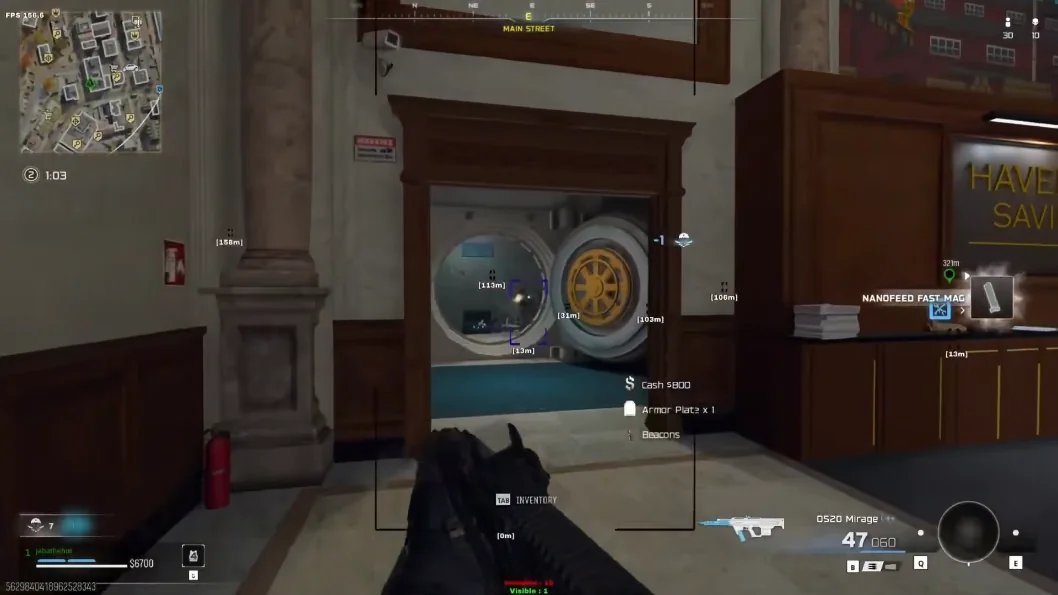 Warzone item ESP showing cash armor plates and loot tags inside bank vault